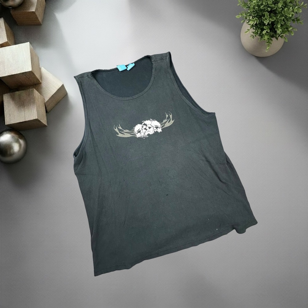 Vintage Y2K PHYS.SCI Skull Graphic Ribbed Tank Top Mens XL Charcoal Grey Grunge